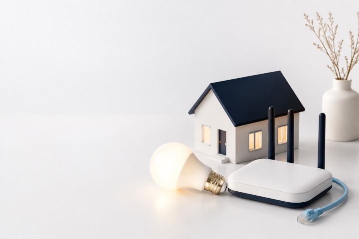 Leuchtmittel und Router vor einem Haus